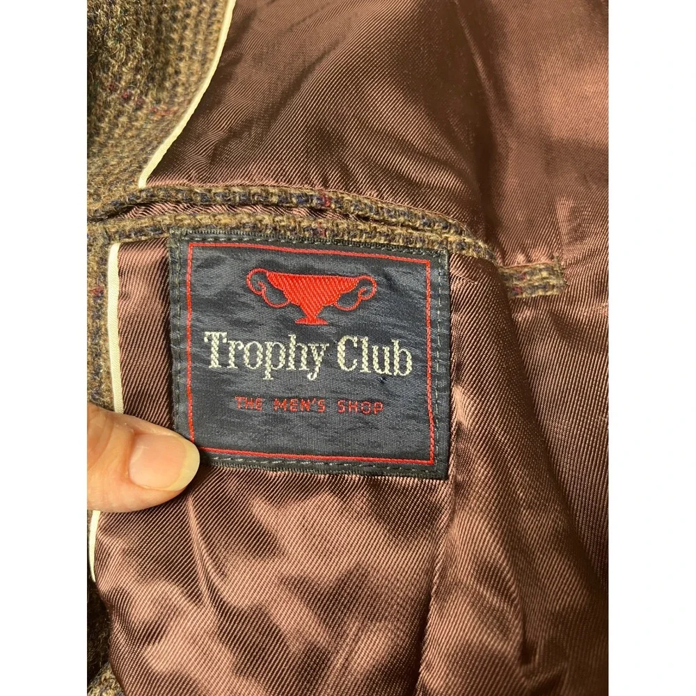 Vintage Wool Tweed Blazer‎ 46L Trophy Club Brown Plaid Academia Heritage Jacket
